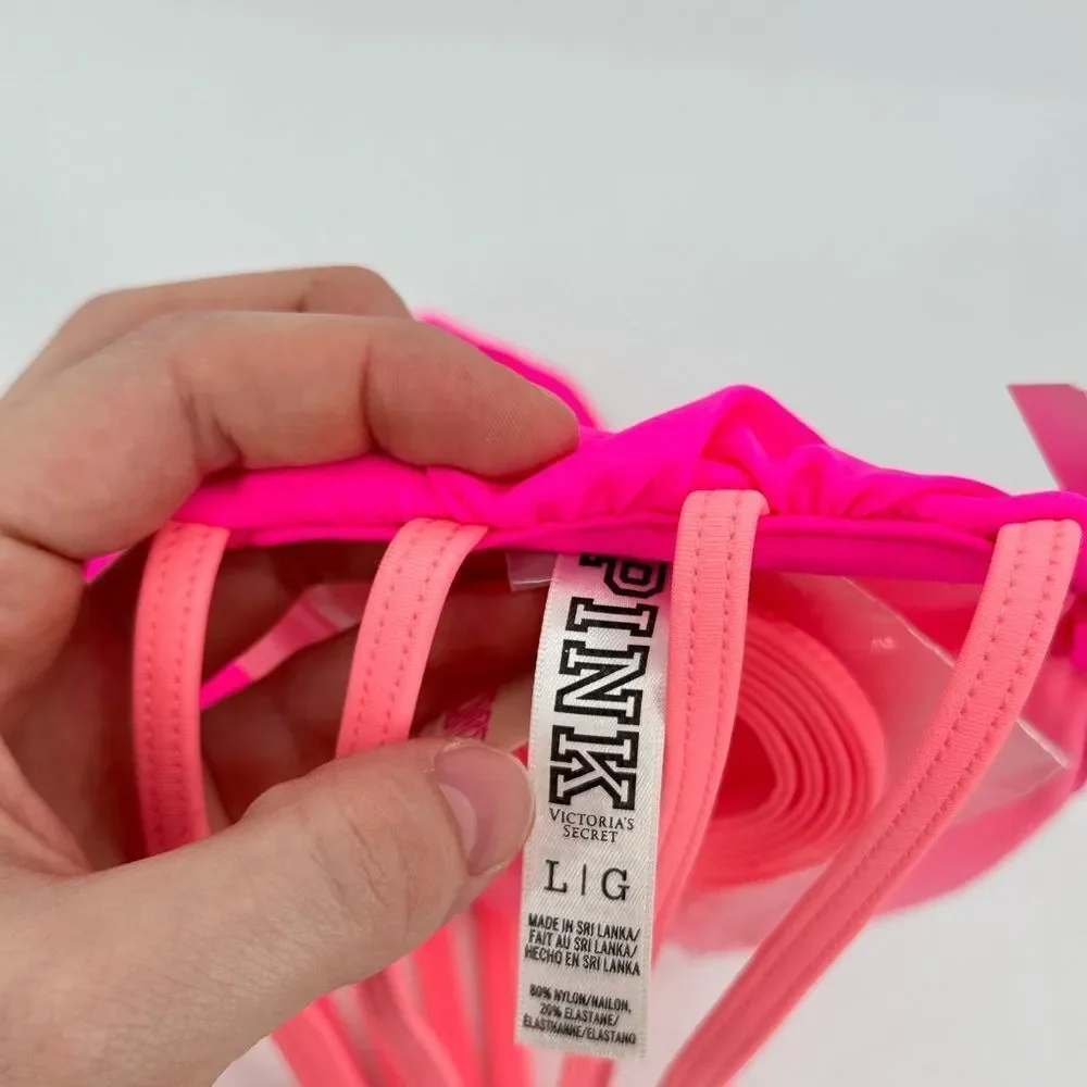 Victoria’s Secret Neon Pink Bandeau Bikini Top L 36C-D 38A-C Halter Padded Swim